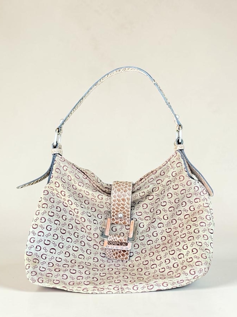 VINTAGE Y2K GUESS Monogram Hobo Bag Tan Snakeskin Buckle Detail